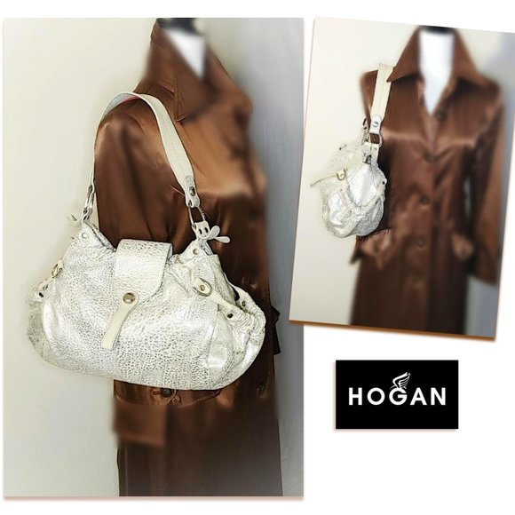 HOGAN Italy Creamy Beige Silver Metallic Hobo Slouchy Leather Large Shou… - Picture 4 of 13